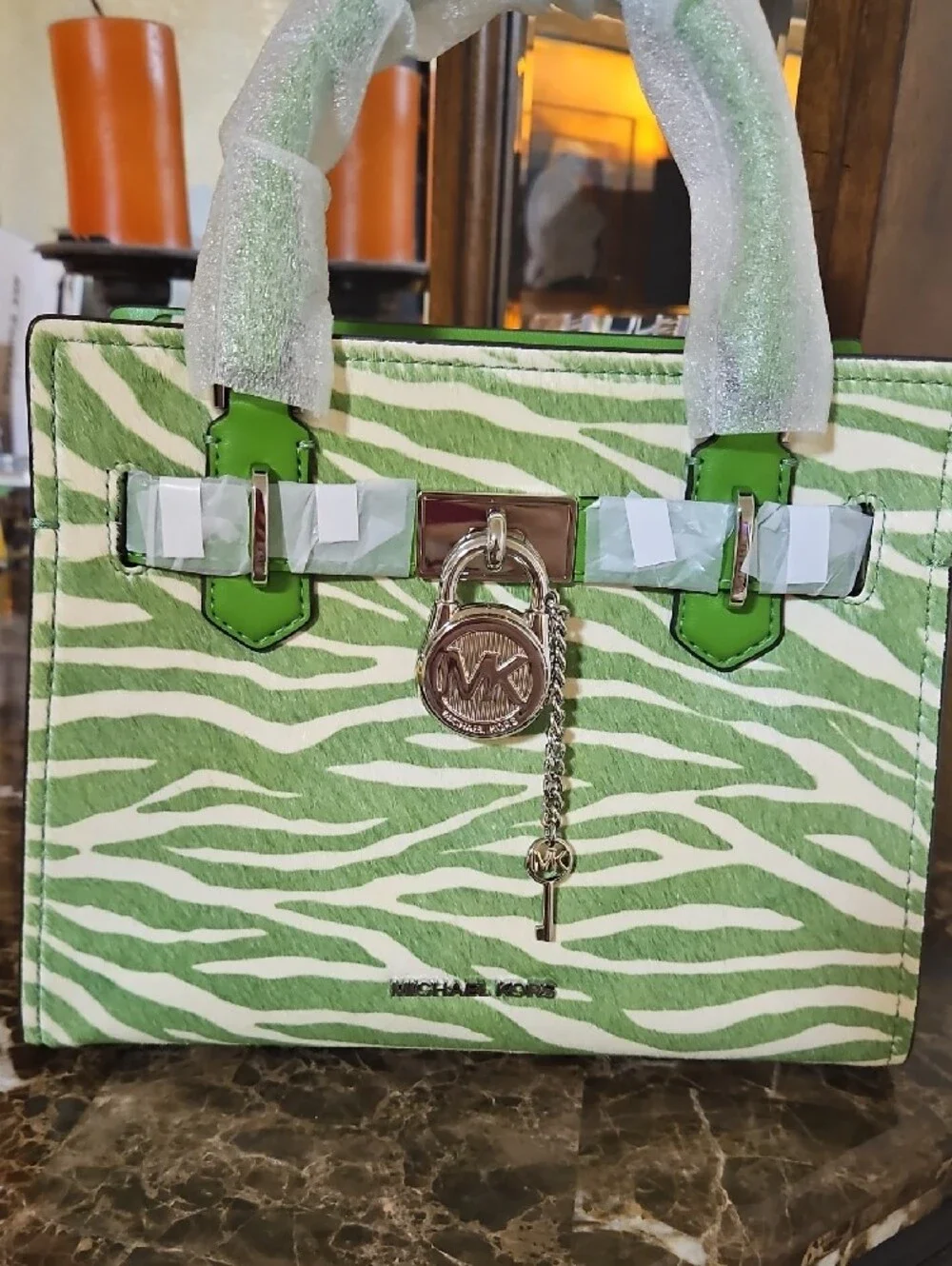 New Michael Kors Green & White Zebra-Print Leather Satchel